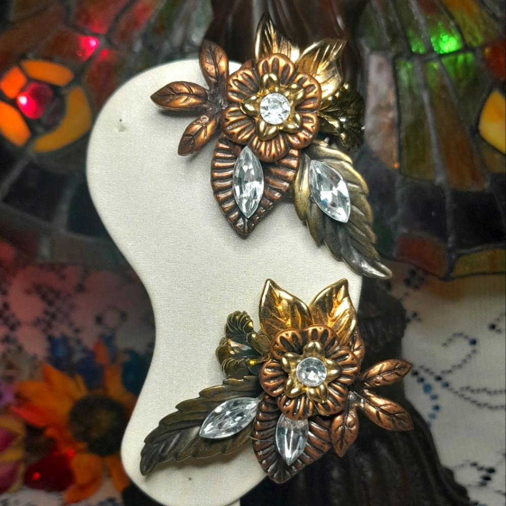 80s Vintage Copper Gold Bronze Tone Floral Sparkly Softback Earrings